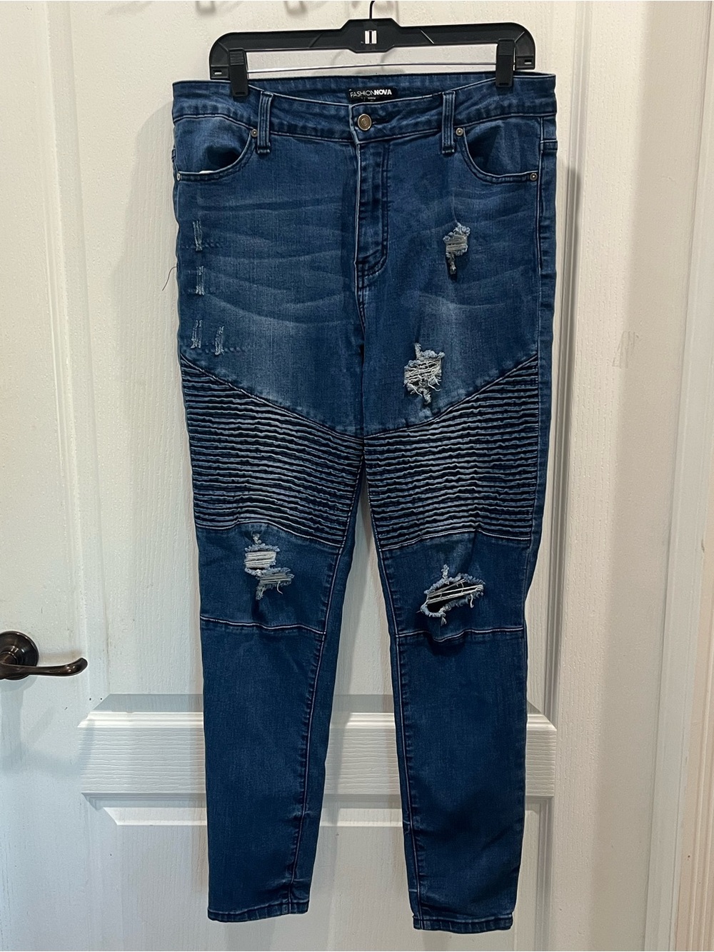 Fashion Nova Dark Blue Ribbed Distressed Skinny Jeans